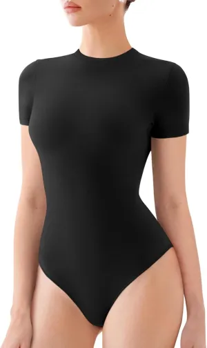 REORIA Womens Crew Neck Short Sleeve Thong Bodysuits Double Lined Comfy Slim T Shirt Tops
