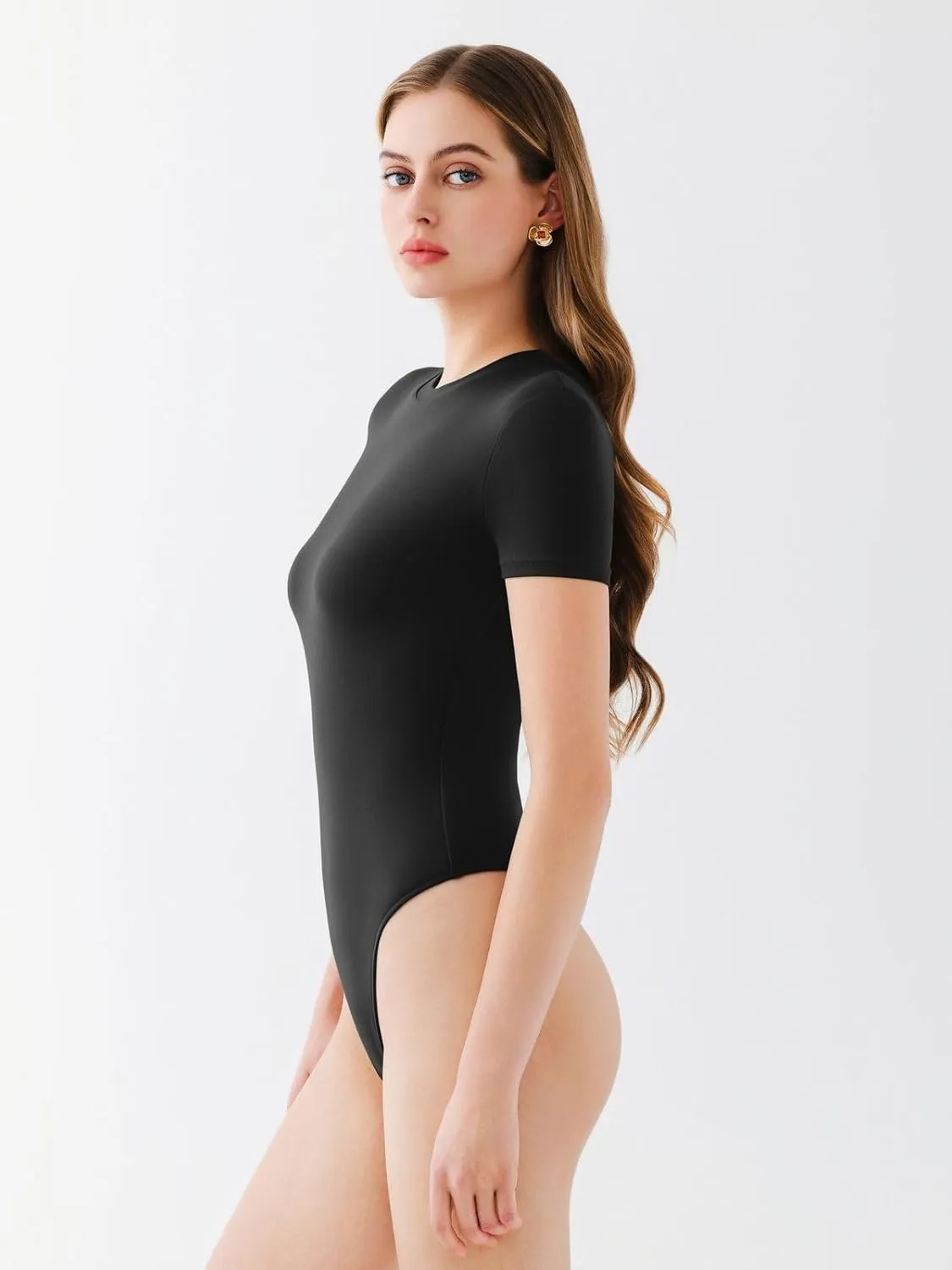 REORIA Womens Crew Neck Short Sleeve Thong Bodysuits Double Lined Comfy Slim T Shirt Tops