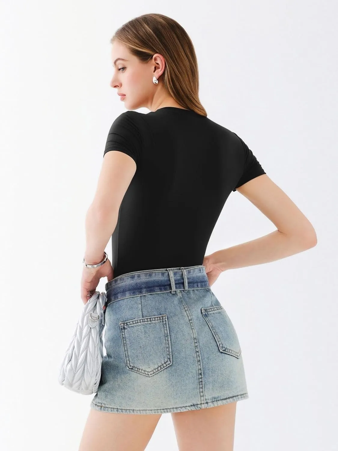 REORIA Womens Crew Neck Short Sleeve Thong Bodysuits Double Lined Comfy Slim T Shirt Tops