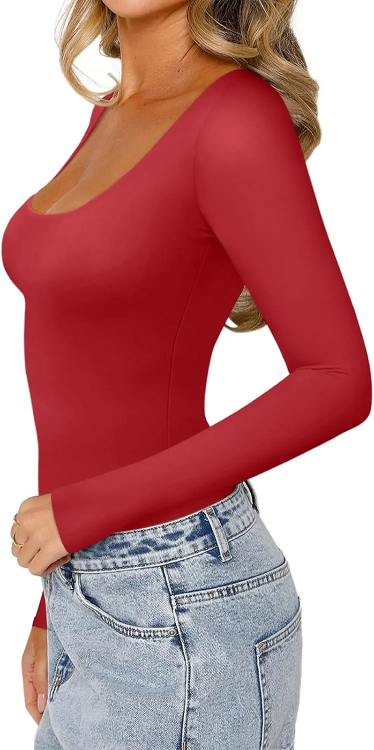 REORIA Women's Sexy Basic Sexy Scoop Long Sleeve Double Lined Layering Slim Bodysuit Tops