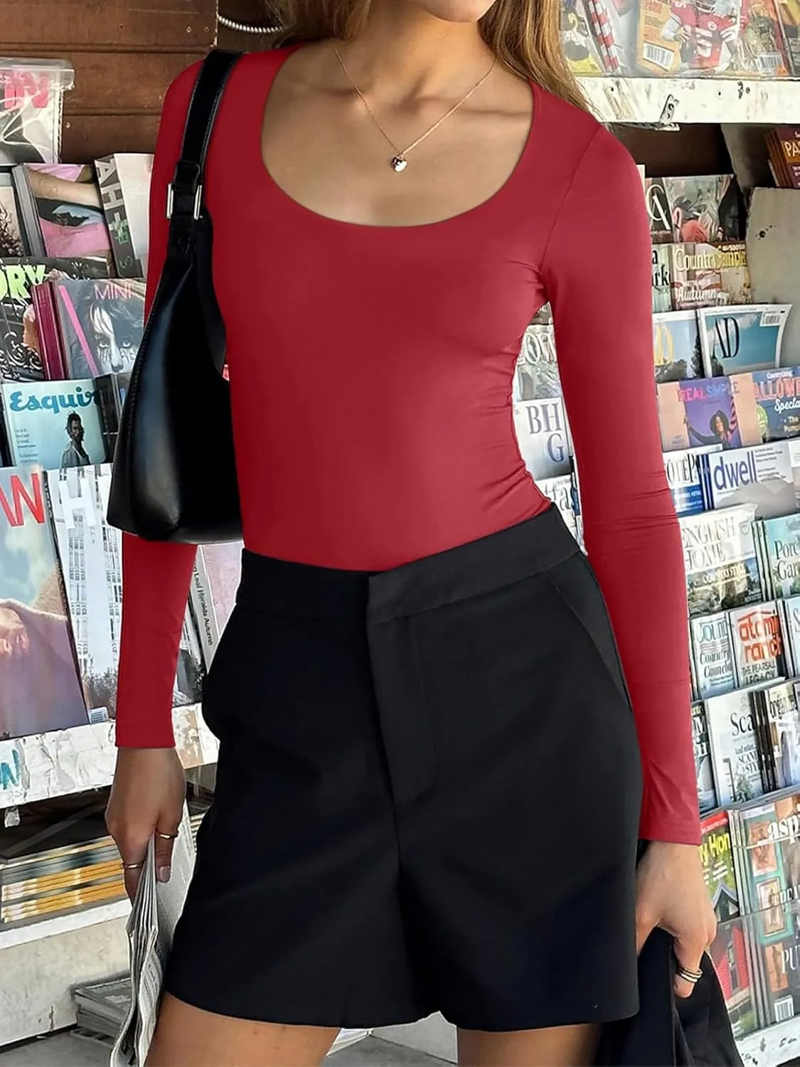 REORIA Women's Sexy Basic Sexy Scoop Long Sleeve Double Lined Layering Slim Bodysuit Tops