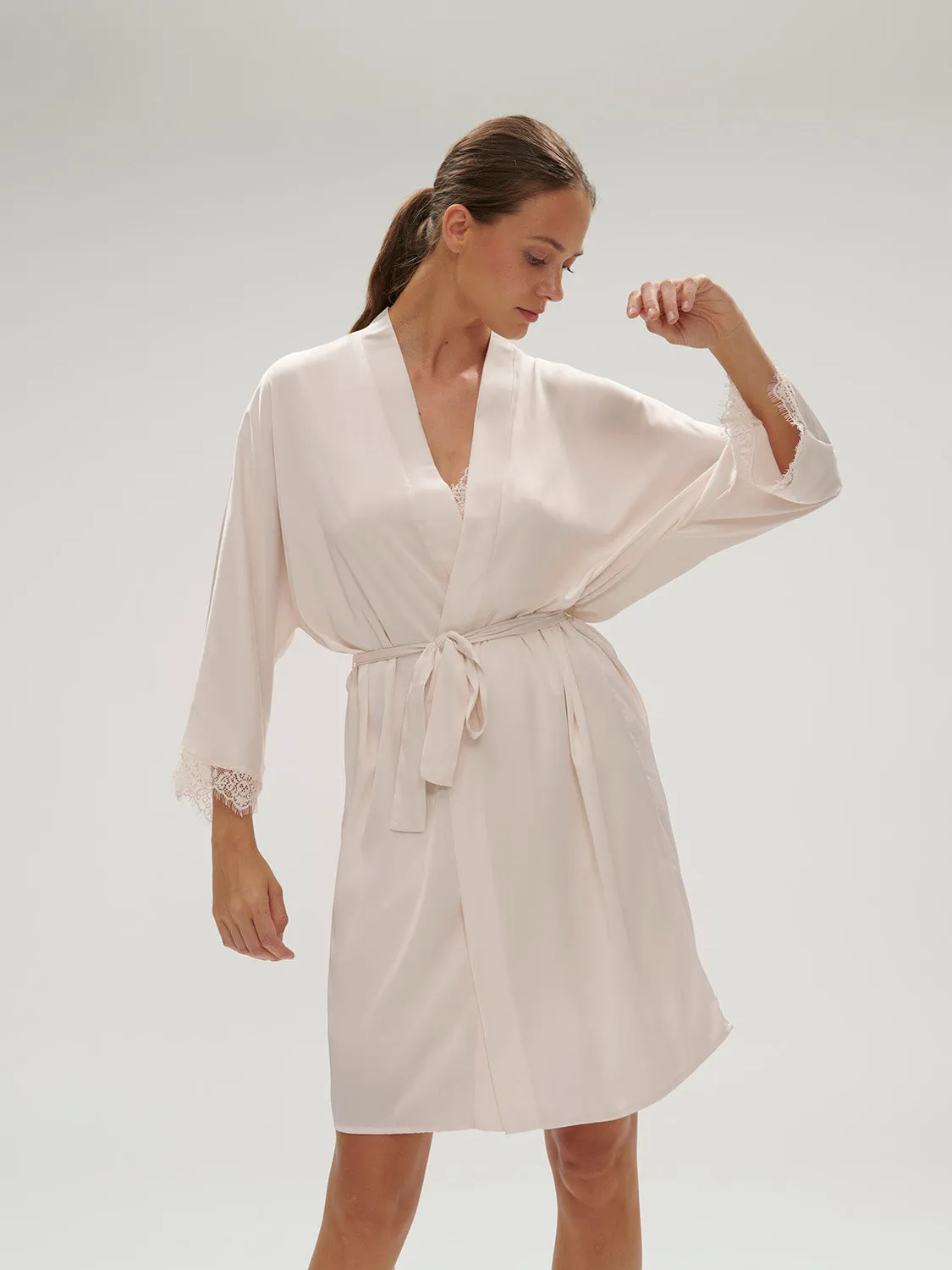 Satin Secrets Long Kimono - Sakura Pink