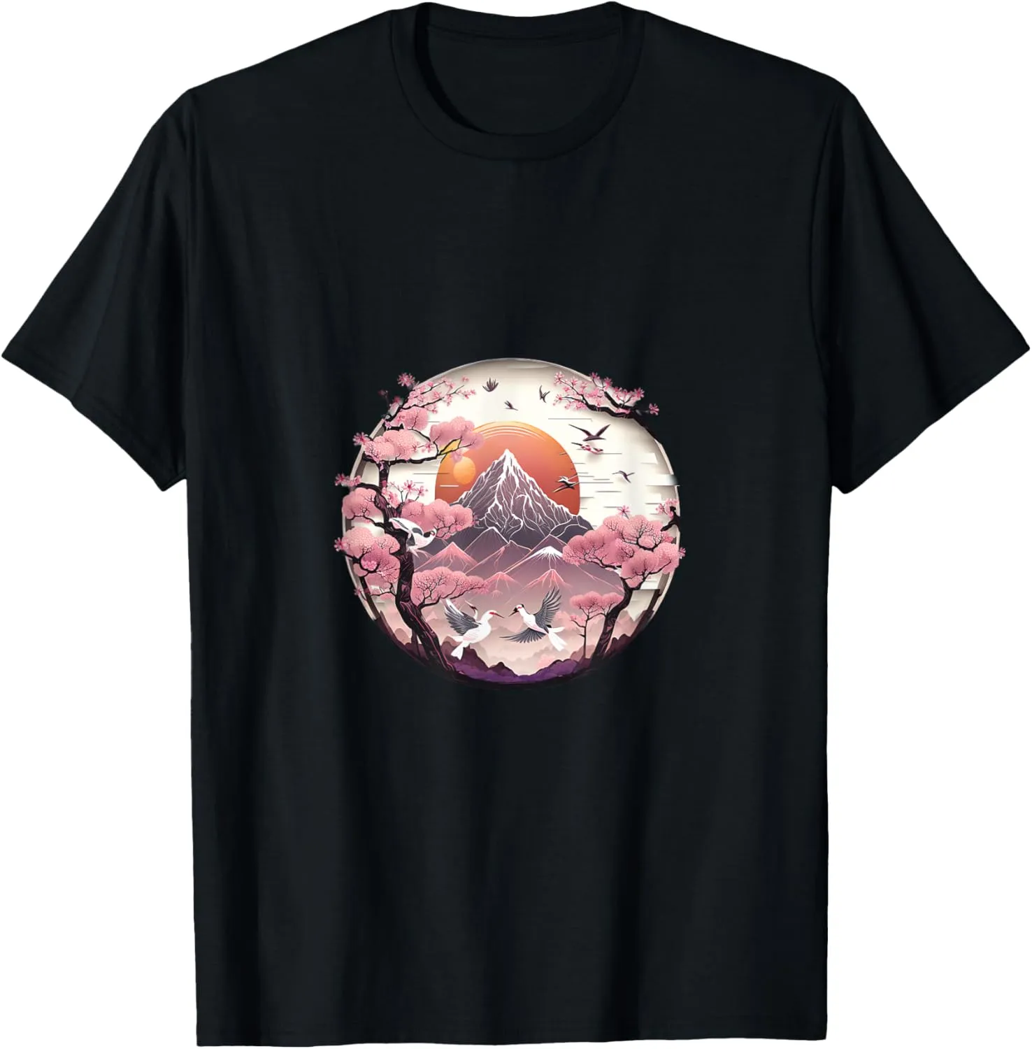 Serene View Japanese Cherry Blossom Sun Mountain Landscape T-Shirt