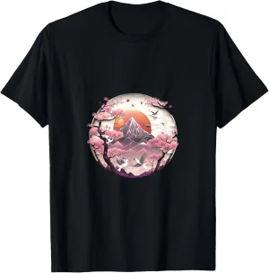 Serene View Japanese Cherry Blossom Sun Mountain Landscape T-Shirt