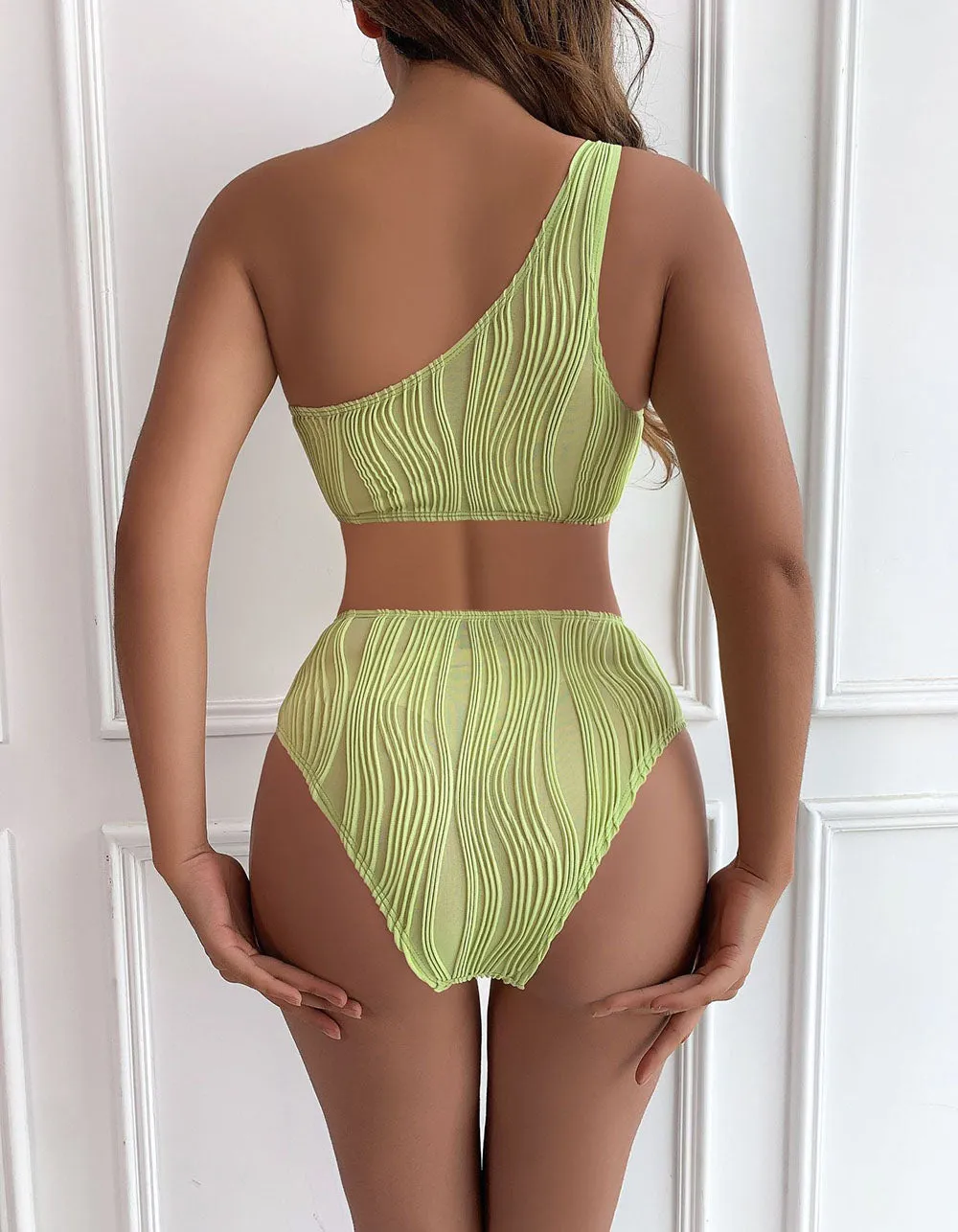 Solid-color Plain One-piece Hollow Out Textured Backless Bikini Swimwear