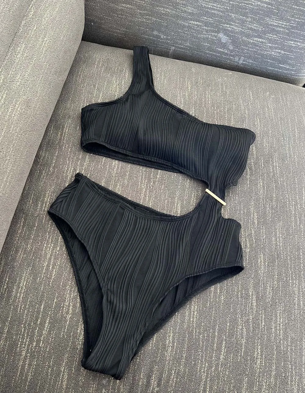 Solid-color Plain One-piece Hollow Out Textured Backless Bikini Swimwear
