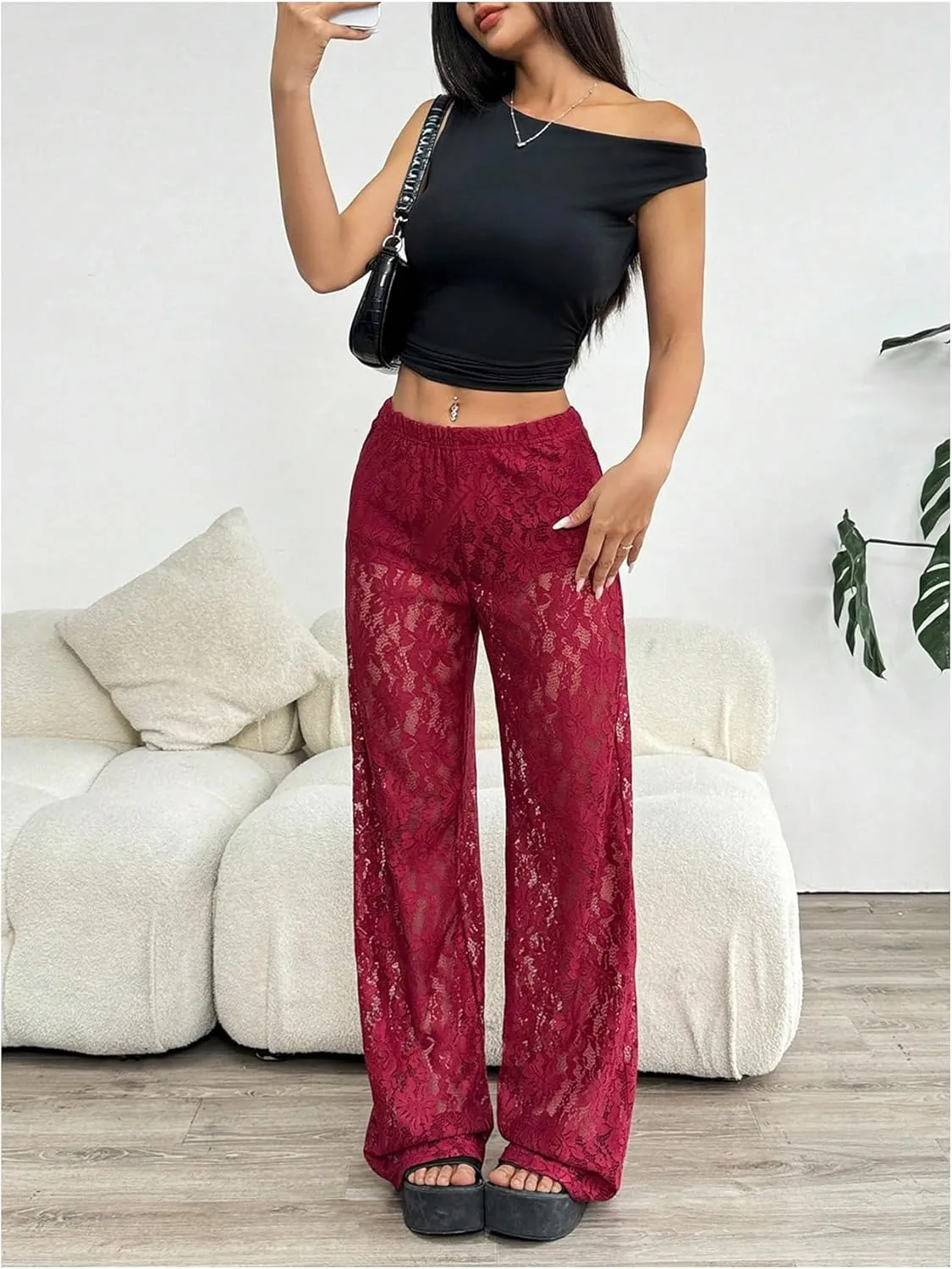 SOLY HUX Women's Lace Sheer Wide Leg Pants Elastic Waist See Through Party Trousers