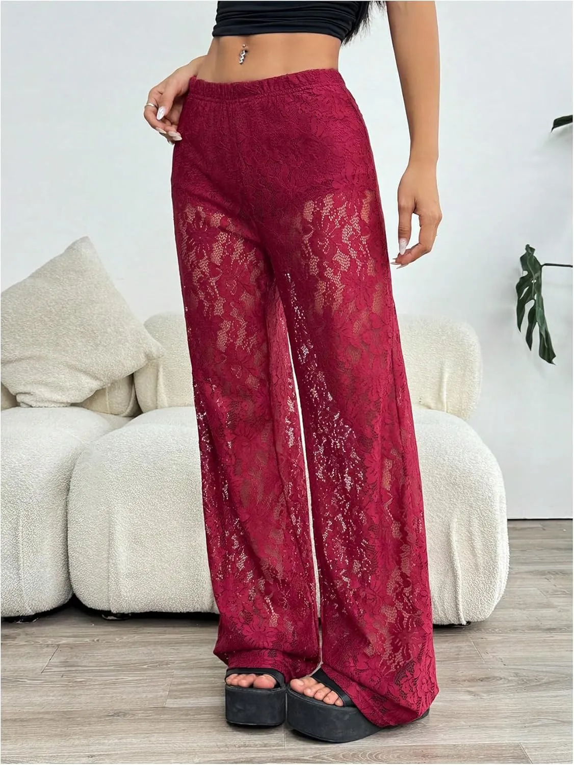 SOLY HUX Women's Lace Sheer Wide Leg Pants Elastic Waist See Through Party Trousers