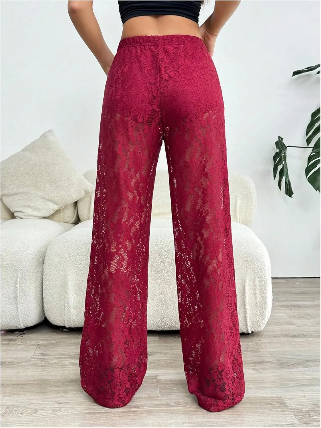 SOLY HUX Women's Lace Sheer Wide Leg Pants Elastic Waist See Through Party Trousers