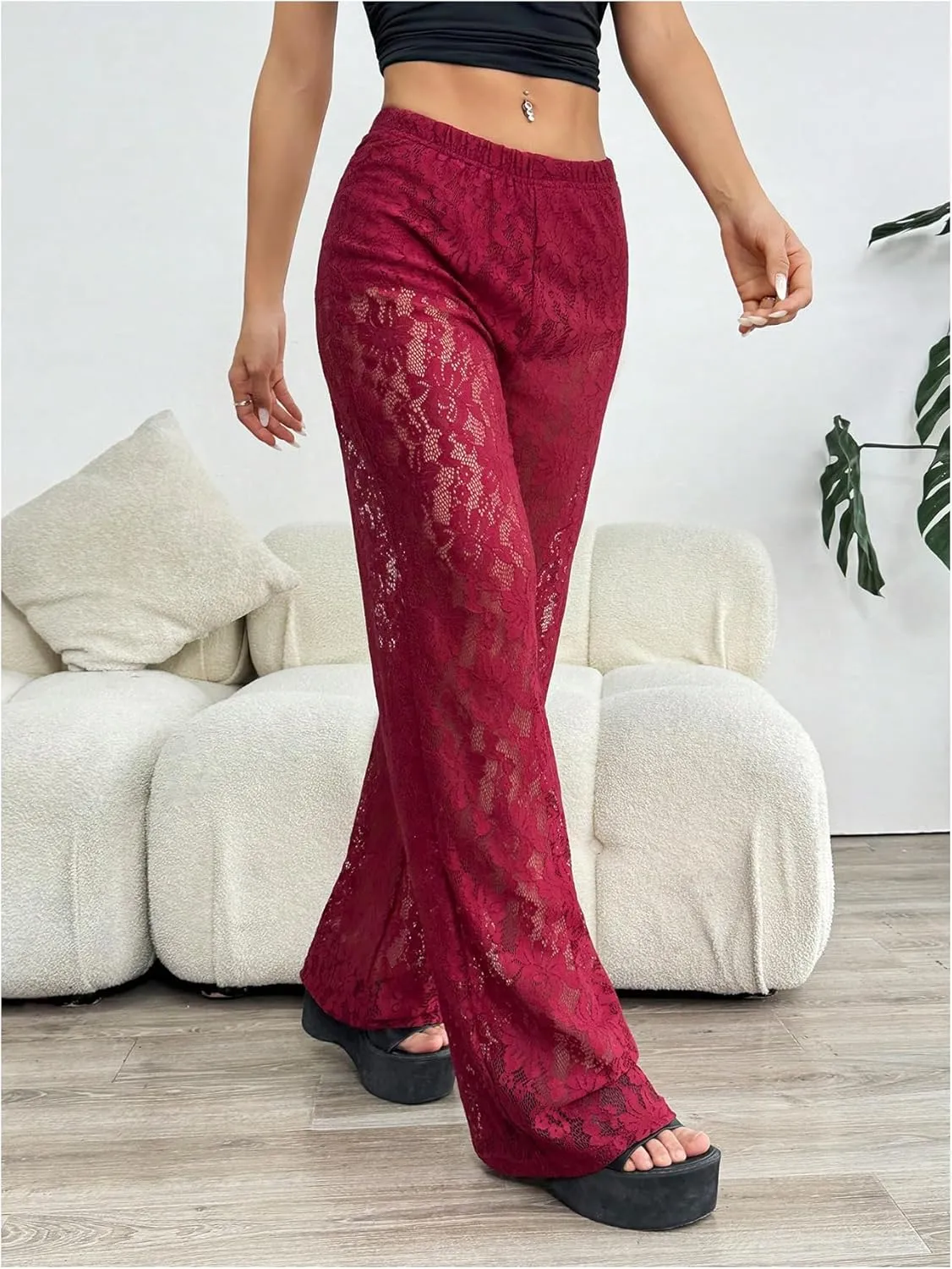 SOLY HUX Women's Lace Sheer Wide Leg Pants Elastic Waist See Through Party Trousers