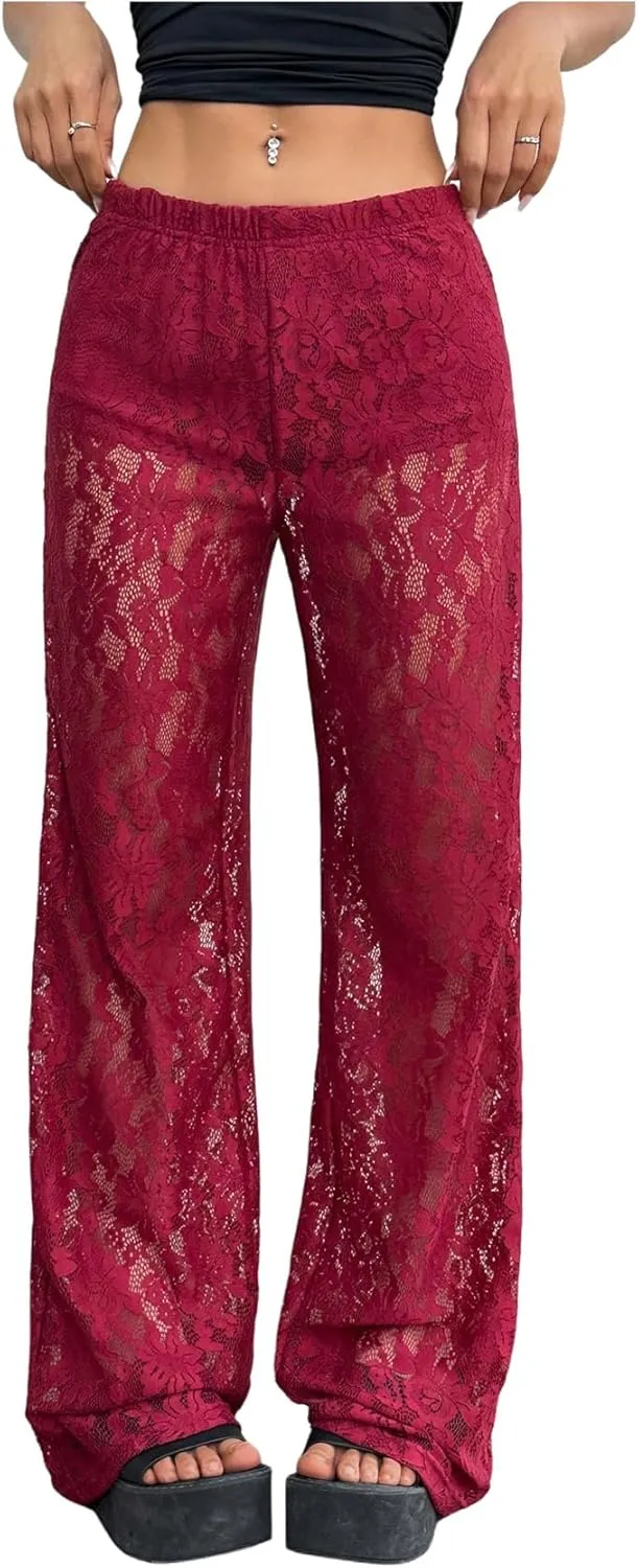 SOLY HUX Women's Lace Sheer Wide Leg Pants Elastic Waist See Through Party Trousers