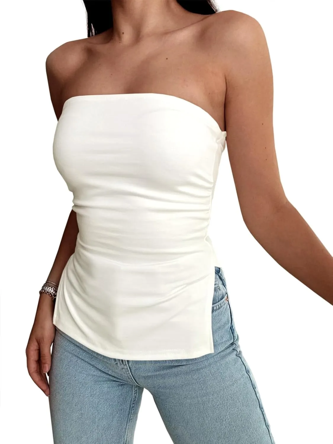 Tankaneo Womens Summer Tube Top Strapless Split Hem Tops Trendy Fitted Going Out Bandeau Shirts