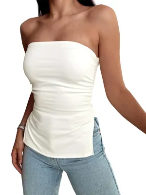 Tankaneo Womens Summer Tube Top Strapless Split Hem Tops Trendy Fitted Going Out Bandeau Shirts