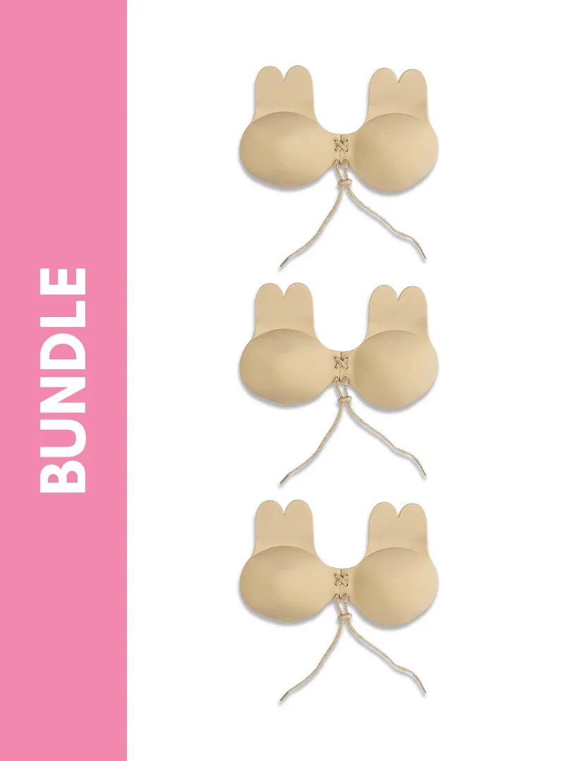 Ultimate Rabbit Ears Reusable Adhesive Drawstring Boob Lift Up Bra Bundle Pack in Skin (3 Pack)