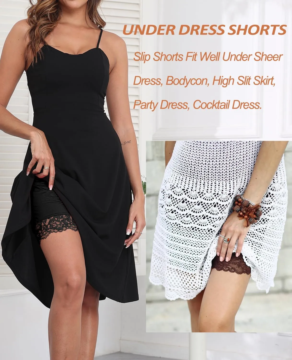 Under Dress Shorts Anti Chafing Boyshorts Women Satin Pettipants Lace Slip with Pockets 2 Packs