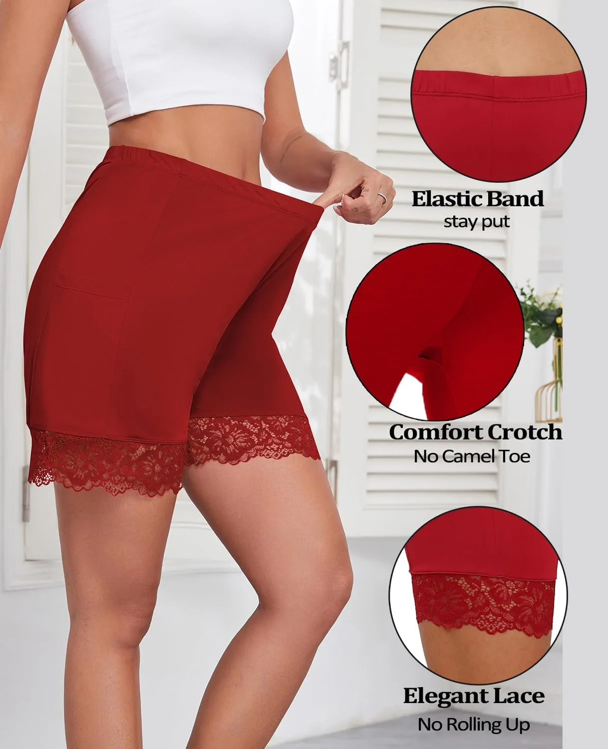 Under Dress Shorts Anti Chafing Boyshorts Women Satin Pettipants Lace Slip with Pockets 2 Packs