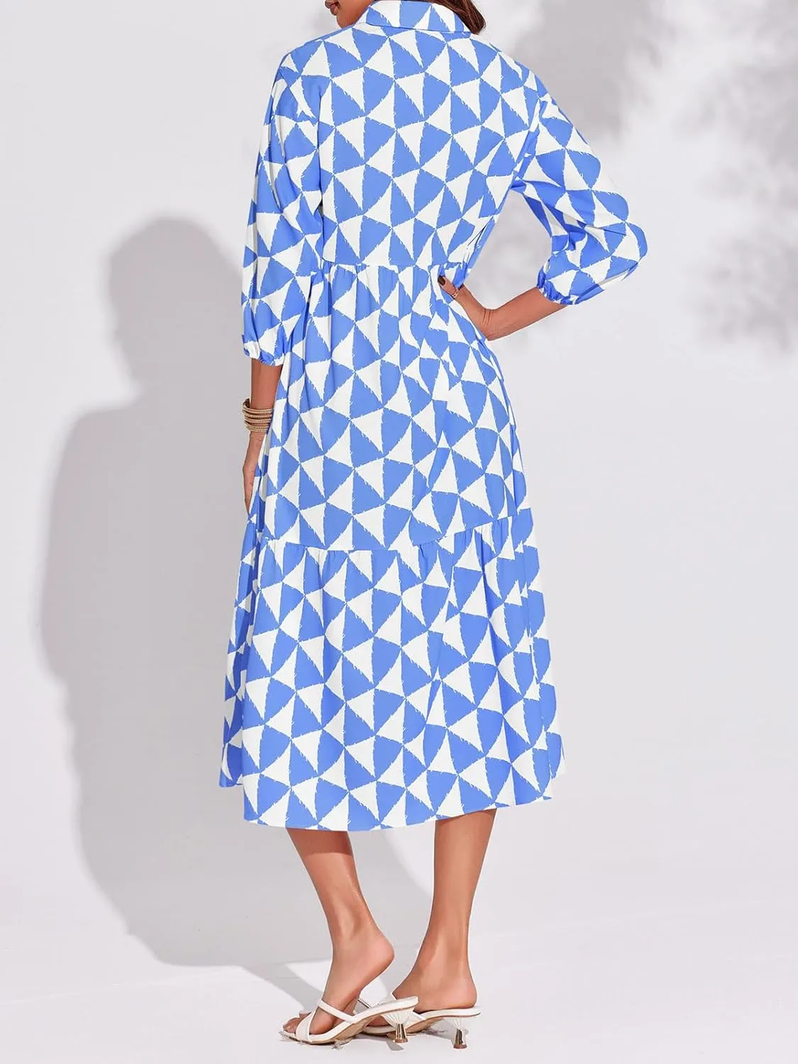 Wenrine Womens Boho Midi Dress Long Sleeve Casual Color Block Beach Button Down Shirt Dress