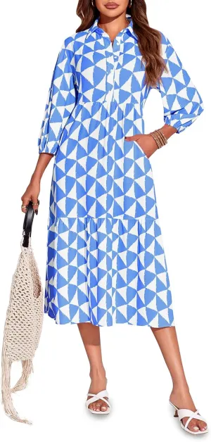 Wenrine Womens Boho Midi Dress Long Sleeve Casual Color Block Beach Button Down Shirt Dress