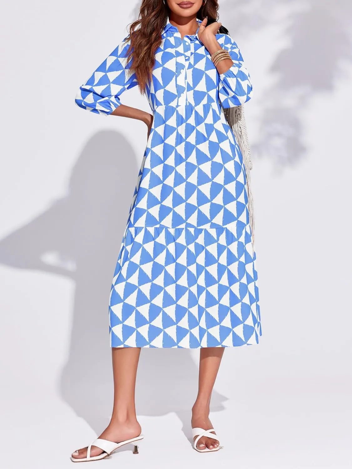 Wenrine Womens Boho Midi Dress Long Sleeve Casual Color Block Beach Button Down Shirt Dress