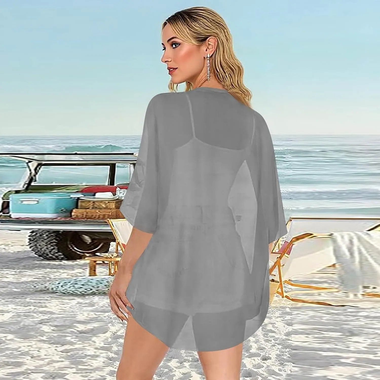 Women Kimono Cardigans 3/4 Length Sleeve Loose Fit Beach Cover Ups Summer Casual Boho Open Front Chiffon Swimwear