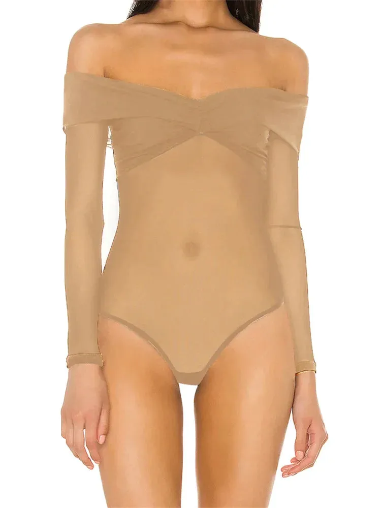 Women Off Shoulder Mesh Long Sleeve See Through Bodysuits