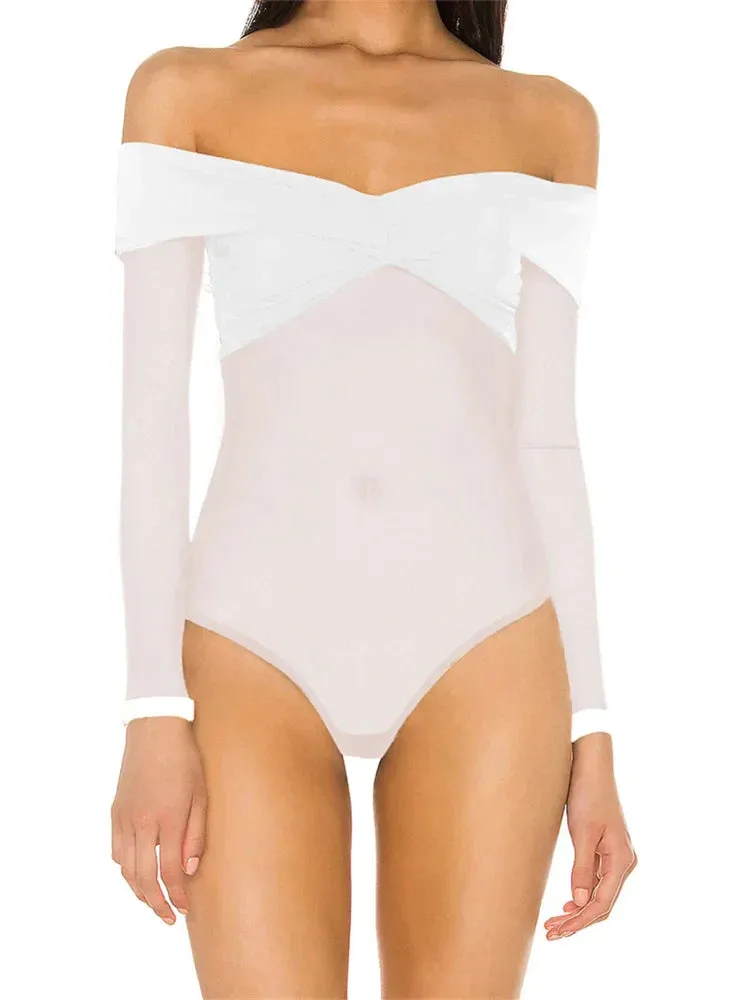 Women Off Shoulder Mesh Long Sleeve See Through Bodysuits