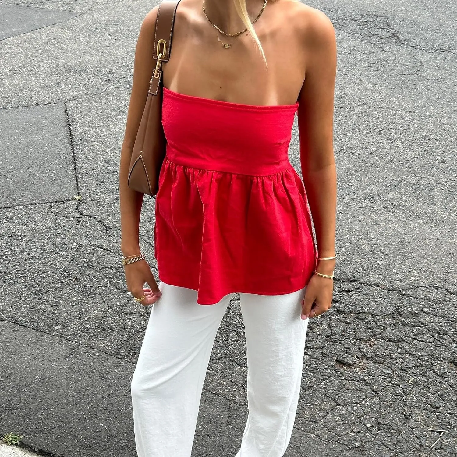 Women Peplum Strapless Tube Top Ruffle Hem Flowy Bandeau Tank Tops Y2K Sleeveless Smocked Back Summer Tube Tops