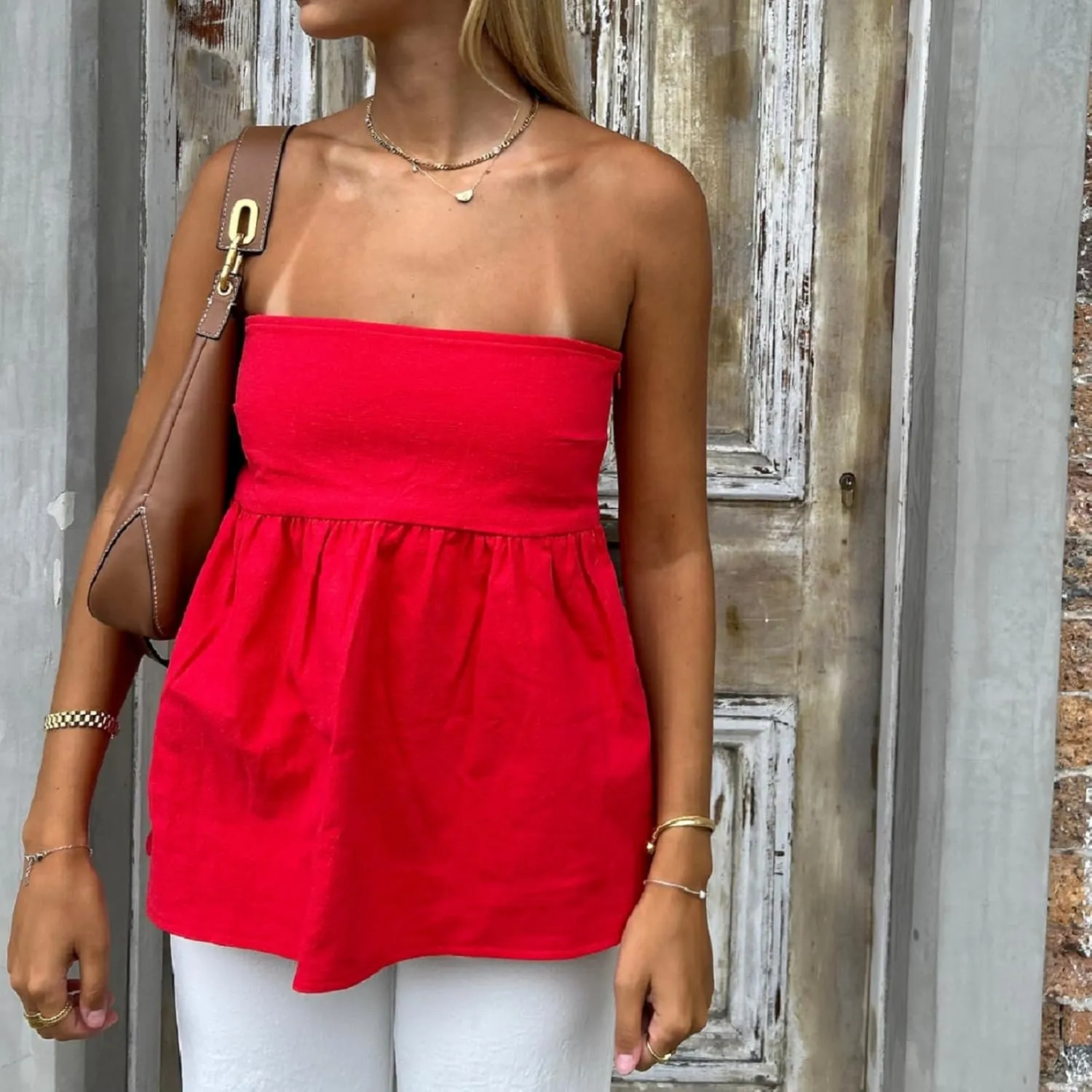 Women Peplum Strapless Tube Top Ruffle Hem Flowy Bandeau Tank Tops Y2K Sleeveless Smocked Back Summer Tube Tops