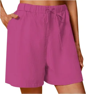 Women's Linen Summer Shorts Knee Length Casual Bermuda Shorts Wide Leg High Waist Drawstring Short Pants with Pocket