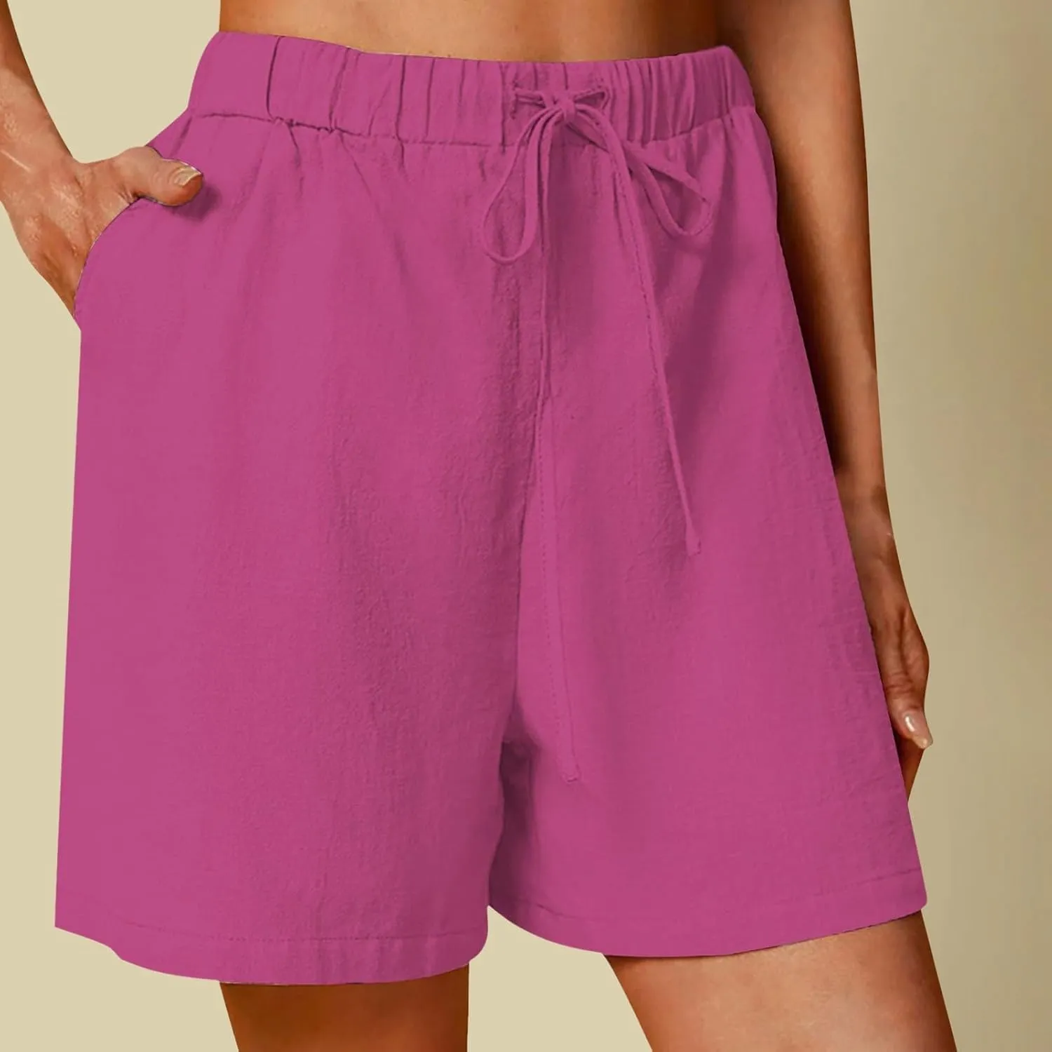 Women's Linen Summer Shorts Knee Length Casual Bermuda Shorts Wide Leg High Waist Drawstring Short Pants with Pocket