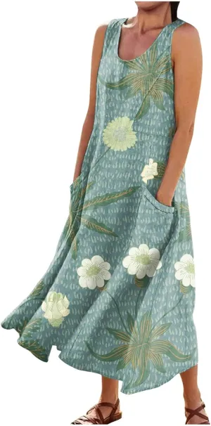 Women's Summer Sleeveless Cotton Tank Dress Casual Loose A-Line Midi Long Beach Dresses Sundress with Pockets