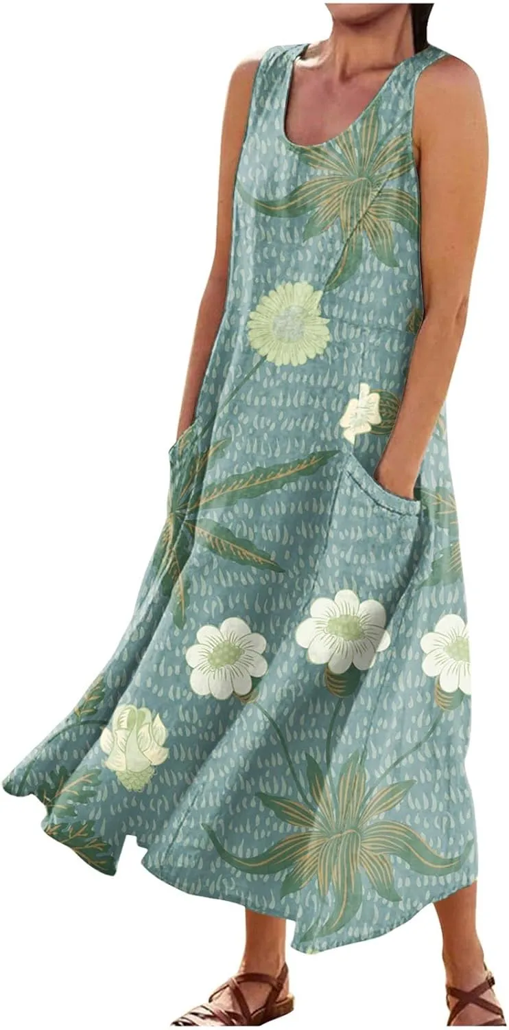 Women's Summer Sleeveless Cotton Tank Dress Casual Loose A-Line Midi Long Beach Dresses Sundress with Pockets