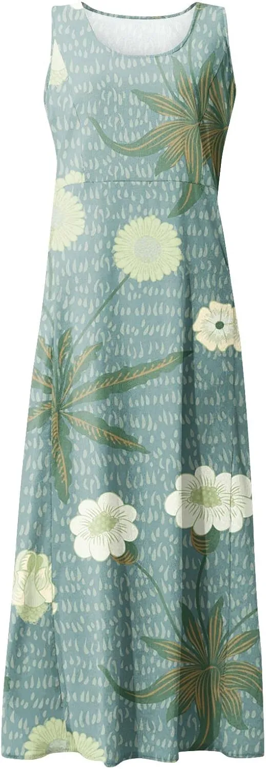 Women's Summer Sleeveless Cotton Tank Dress Casual Loose A-Line Midi Long Beach Dresses Sundress with Pockets